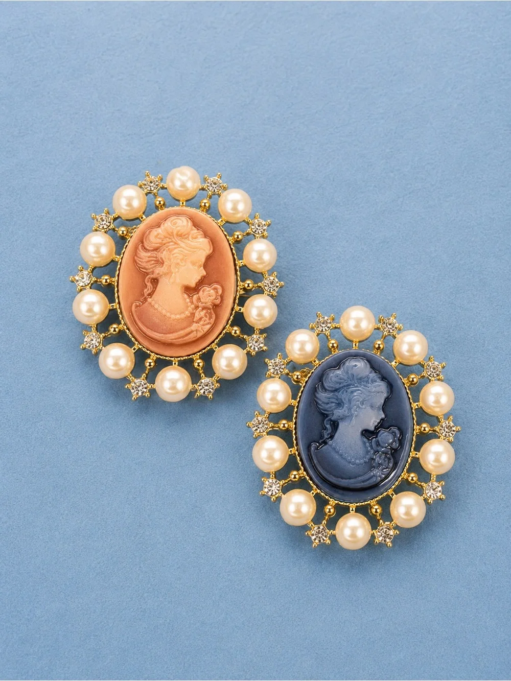 Pearl-Trim Cameo Brooches in Blue & Coral — Elegant Women's Jewelry